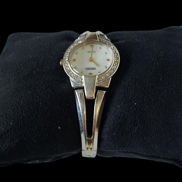 SEIKO Solar Ladies Watch Two Tone White Face Crystal Accented - Picture 8 of 13